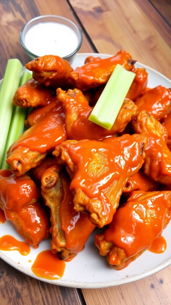 Crispy chicken wings coated in buffalo sauce served with celery sticks and ranch dressing.